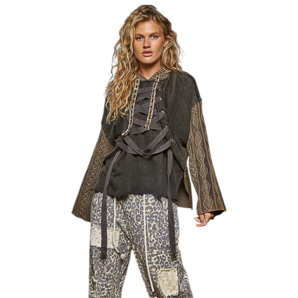 POL Sweaters - POL Rebel Lace Up Knit Hoodie Mineral Wash Brown Black Small NWOT